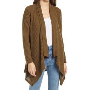 New Bobeau XS Waffle Knit Drape Front Cardigan Hanky Hem Open Dark Olive NWT